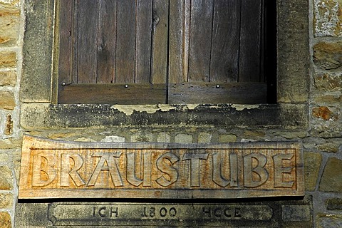 Entrance sign brewery, Westphalian Open-Air Museum Hagen, Road of Industry Culture, North Rhine-Westphalia, Germany