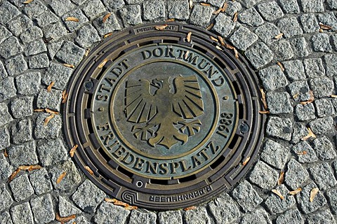 Drain cover with city coats of arms, Dortmund, North Rhine-Westphalia, Germany