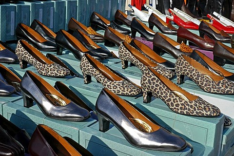 Sale stand with ladies' shoes, market, Altea, Costa Blanca, Spain