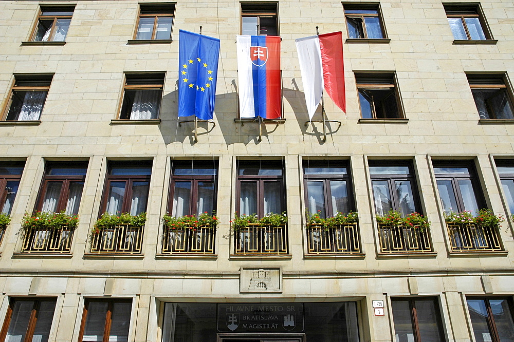 Flags at the magistrate building, Bratislava, Slovakia