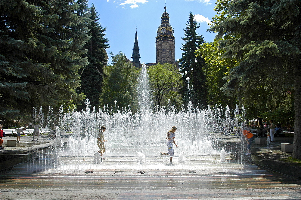 Singing fountain and cathedral St Elizabeth, Kosice, Slovakia