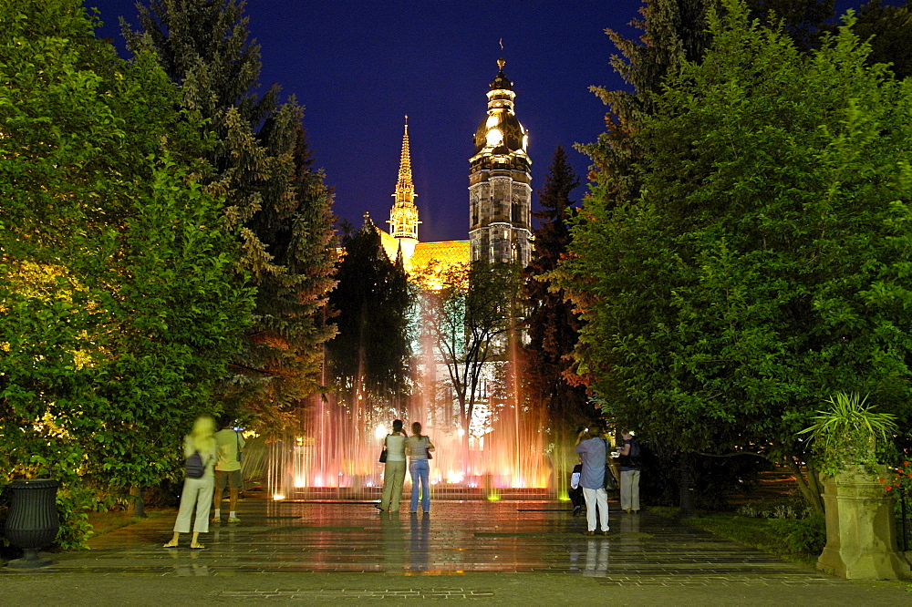 Singing fountain and cathedral St Elizabeth, Kosice, Slovakia