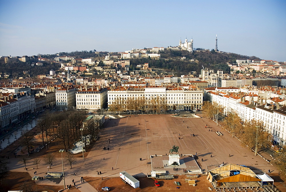 View onto Place Bellecour, Basilika Notre Dame de Fourviere at the back, Lyon, France