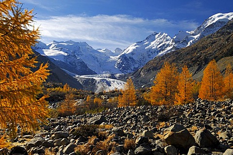 Bernina Range with Piz Bernina, Biancograd , Morteratsch Glacier, in autumn Graubunden, Switzerland