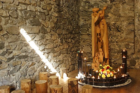 Rebuilt chapel part of the hiking trail with religious sculptures called reflection of the sun song or Franziskus path Sand in Taufers South Tyrol Italy