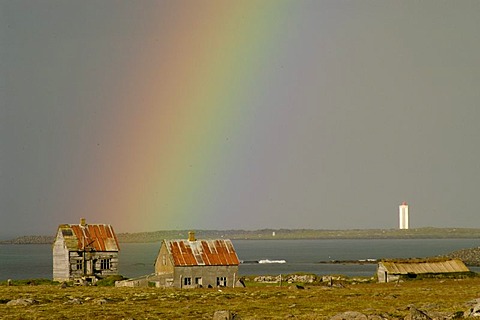 Rainbow and abandoned farm Melrakkasletta peninsula Melrakkasletta Iceland