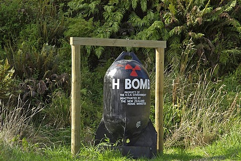 Bomb dummy which points out that NZ is an tomic free area, Gunns Camp, Holyford valley, South Island, New Zealand