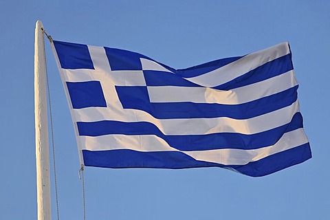 Greek flag, Oia, Santorini, Greece