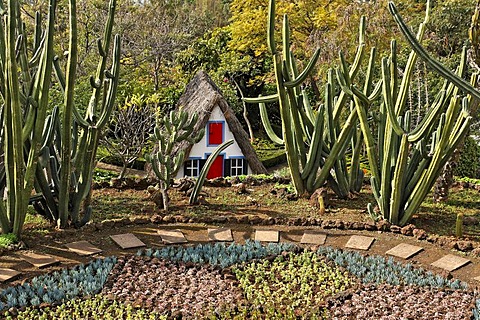 A typical house in the Santana style with a straw covered roof in the botanical garden, Funchal, Madeira, Portugal