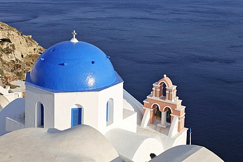 Church with freshly painted cuppola, Oia, Santorini, Greece