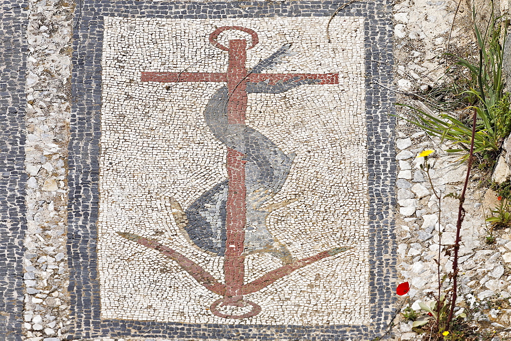 Mosaic with common motive of dolphin and anchor, Delos, Greece