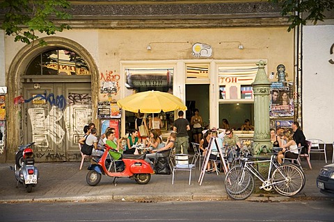 Typical Prenzlauer Berg street scene: street cafe at Kastanienallee, Berlin, Germany, Europe