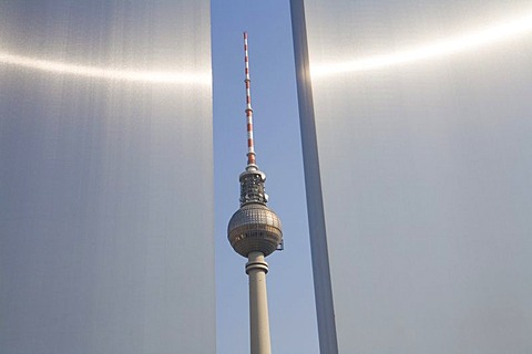 TV tower, seen through a gap between two info boards of Marx Engels forum, Berlin, Germany, Europe