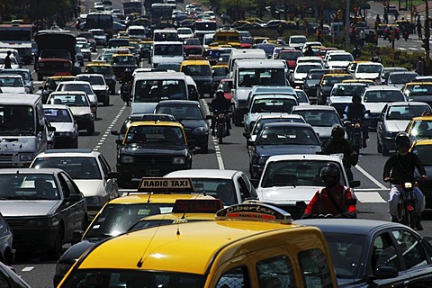 Heavy traffic during the rush hour on the widest avenue of the world, Avenida 9 de Julio, Buenos Aires, Argentina.