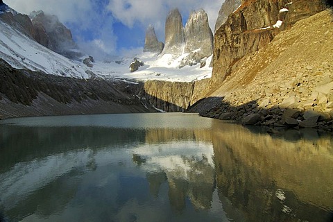 Three rock towers of the Torres reflected in the glacial lake in front of them, Torres del Paine National Park, Patagonia, Chile (Torres del Peine)