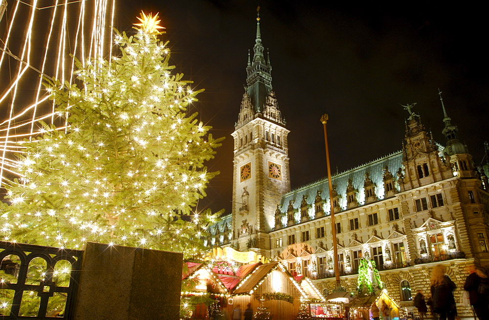 City hall and Christmas fair in Hamburg, Germany