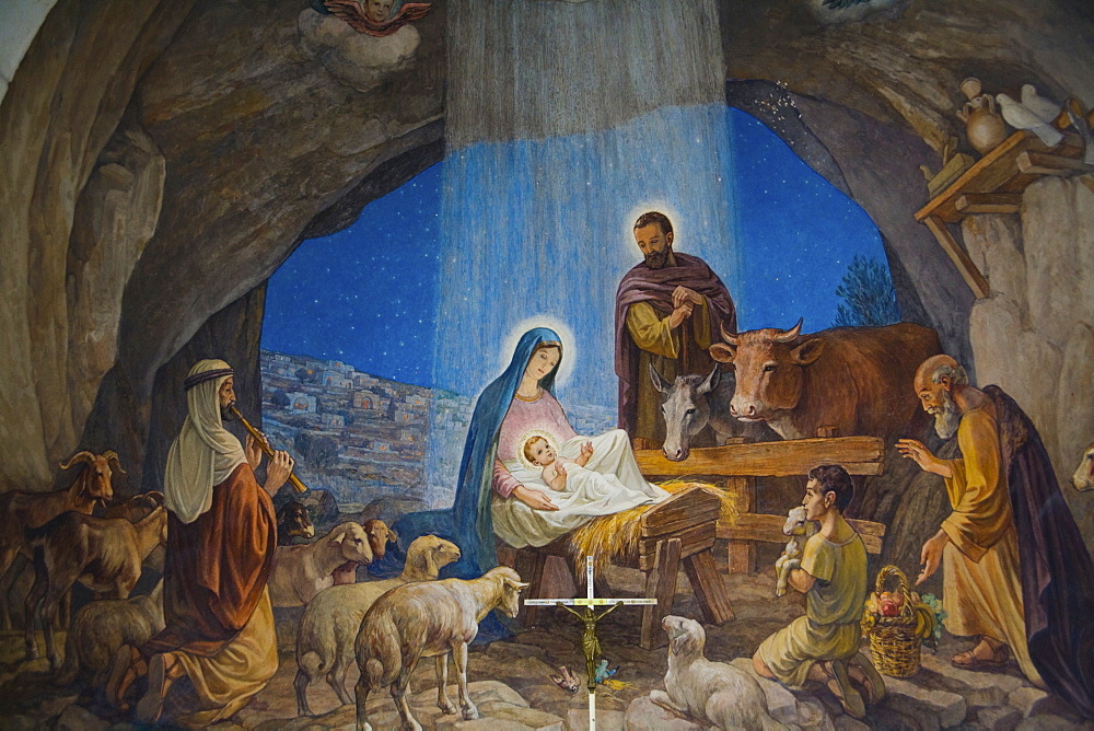 Section of a mural in the Shepherds' Field Church in Bethlehem, West Bank, Palestine, Israel, Middle East