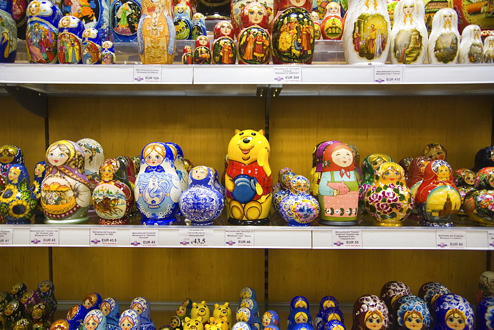 Various types of Matryoshka dolls in a souvenir shop in Moscow, Russia