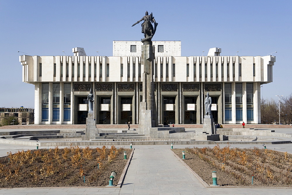 Epic of Manas Statue standing in front of the Philharmonic Hall, Bishkek, Kyrgyzstan