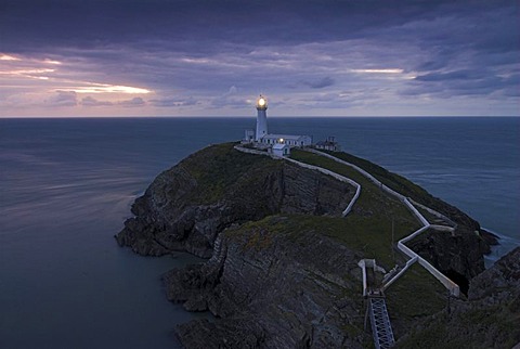 Stack Lighthouse at sunset, Anglesey, Wales, United Kingdom, Europe