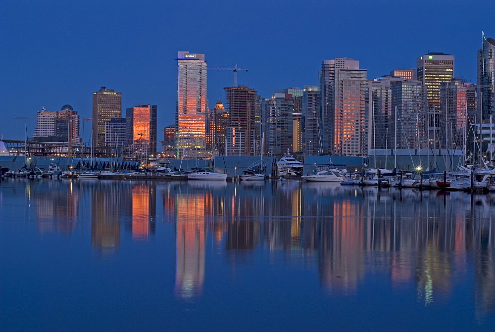 Sunset reflections, Coal Harbour, Downtown Vancouver, British Columbia, Canada