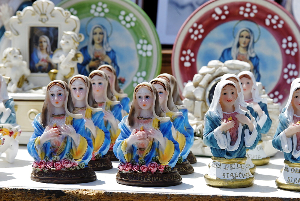 Souvenir shop, Madonna delle Lacrime Church, pilgrimage site in Syracuse, Sicily, Italy