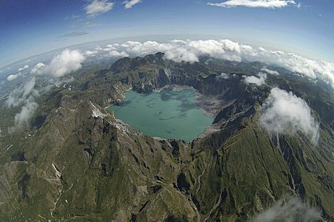 Aerial view of Mount Pinatubo, resting volcano, volcanic lake, Zambales Mountains, Luzon, the Philippines, Asia