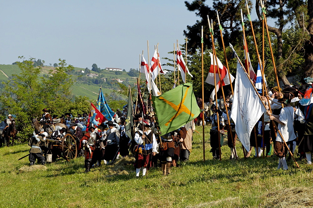 Folk in battle, historical medieval city parade, in Canellis, LÂ¥assedio di Canelli, Canelli, Asti Province, Piemont, Italy