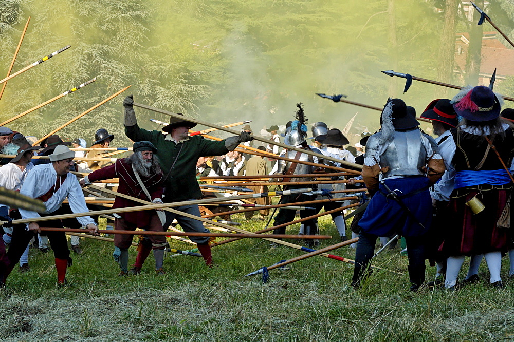 Folk in battle, historical medieval city parade, in Canellis, LÂ¥assedio di Canelli, Canelli, Asti Province, Piemont, Italy