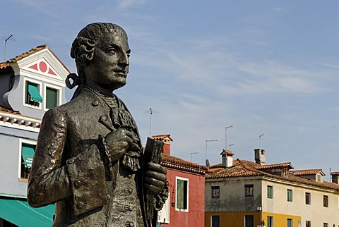 Monument, Baldassare Galuppi detto Buranello, composer, located on Piazza Galuppi on Burano, an island in the Venetian Lagoon, Italy, Europe