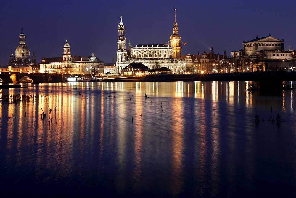 Baroque architecture in Dresden, left to right: Frauenkirche Church, Bruehl's Terrace, Hofkirche Church and Semperoper Opera House in Dresden, Saxony, Germany