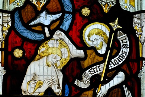 Jesus and an apostle in a church window, St. Andrew's Cathedral, Gothic cathedral, Wells, Mendip, Somerset, England, Great Britain, Europe