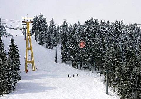 Downhill piste under the teleferic in the skiing region Fichtelberg in Oberwiesenthal, Erzgebirge, Erz Ore Mountains, Saxony, Germany