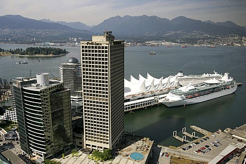 The Province publishing house and office buildings in front of Pan Pacific hotel situated at the harbour in Vancouver, British Columbia, Canada