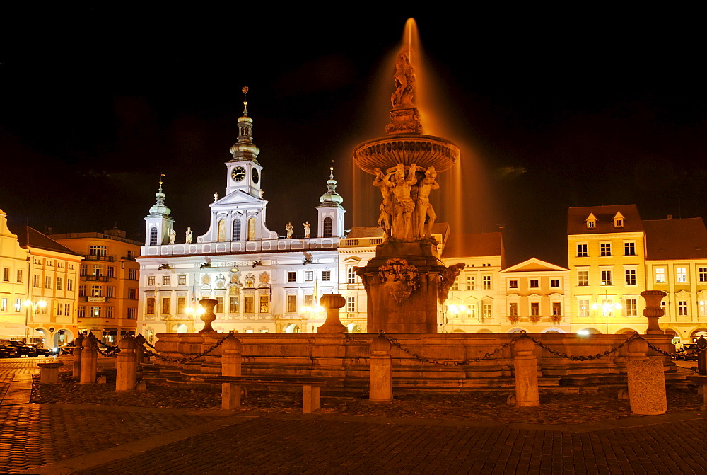 Fountain, historic centre of Ceske, Budejovice, Budweis, Budvar, South Bohemia, Czech Republic, Czechia