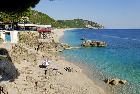 Ionian Sea, restaurant on the coast at Dhermi, Alabanian Riviera, Albania, Europe