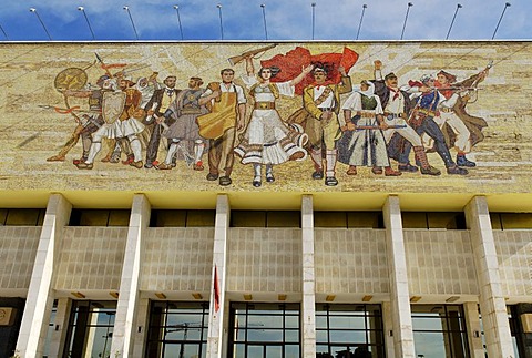 Socialist propaganda and hero mosaic on the National Museum, Skanderbeg Square, Tirana, Albania, Europe