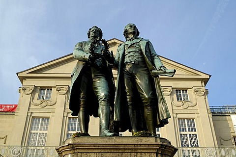 UNESCO World Heritage Site Monument Goethe and Schiller before German National Theatre Weimar, Thuringia, Germany