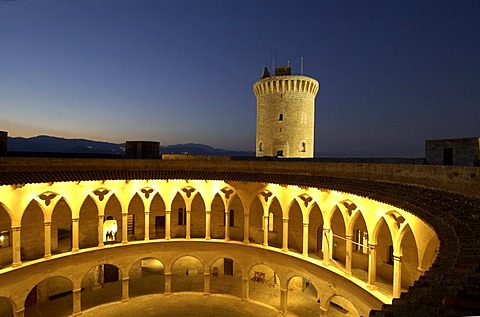 Gothic arcades at dusk, Castell de Bellver (Castle over Palma), Palma de Majorca, Majorca, Spain