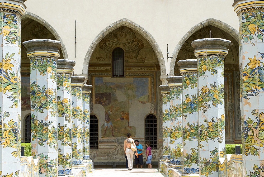 Majolica tilework in the cloister of the Church of Santa Chiara, Naples, Campania, Italy