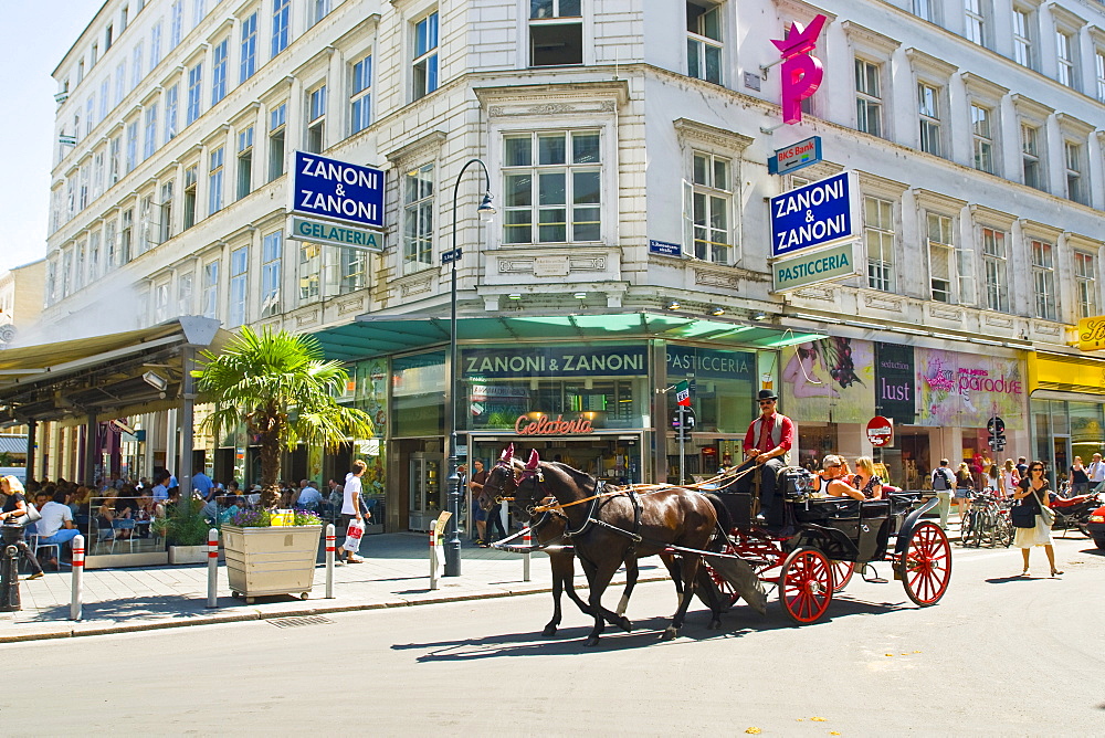 "Fiaker" Hhorse coach in front of Ice cream parlour Zanoni and Zanoni, Vienna, Austria