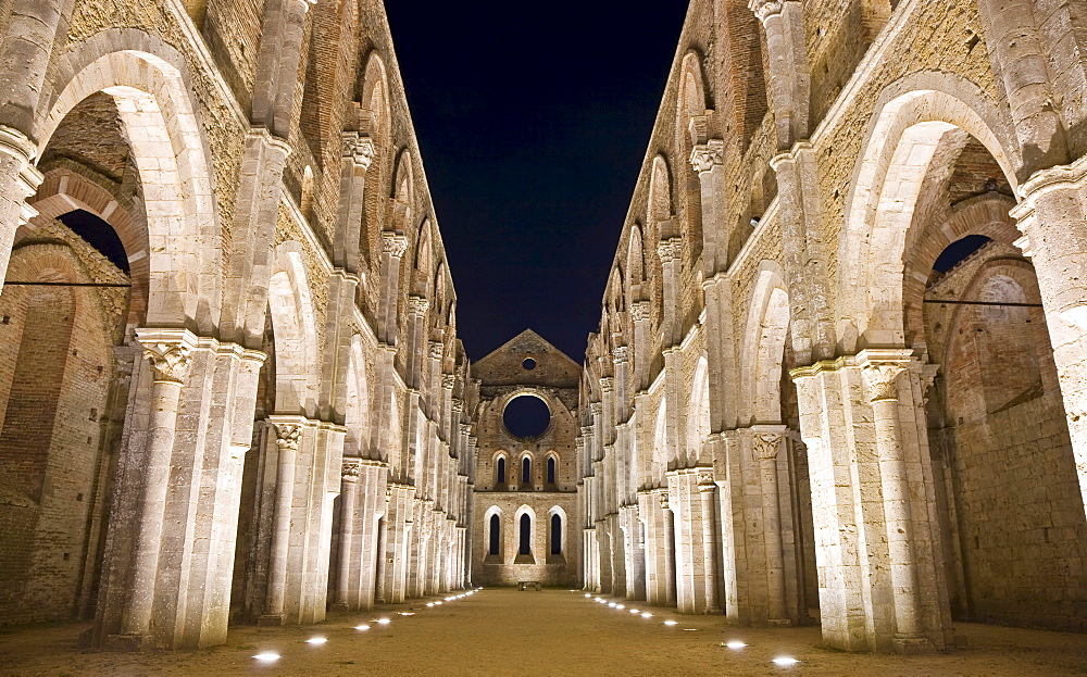 Interior of the Ruins of the Cistercian's abbey San Galgano near Siena Tuscany Italy