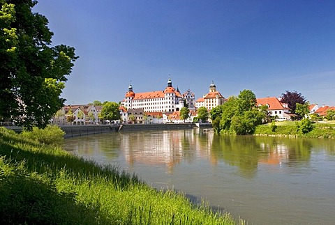 View to the castle, castles chapel, castles museum, Bavarian State Galery, Donau quay, Elisen bridge, City of Neuburg at the river Donau founded as maintown of principality Pfalz-Neuburg 1505, Bavaria, Germany, BRD, Europe