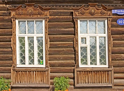 Window of an old Sibirian wooden House, Windowframe from wood, Omsk, Sibiria, Russia, GUS, Europe,