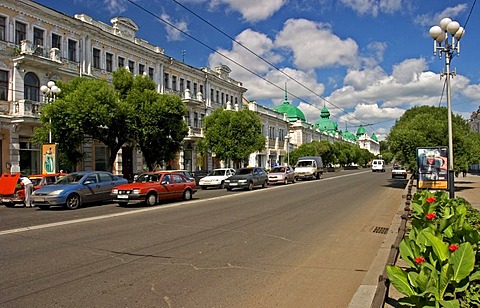 The Oldest Road of Town Lubinsky Prospekt, Stopping Road with old and beautiful Buildings and Townhouses, Omsk at the Rivers of Irtisch and Omka, Omsk, Sibiria, Russia, GUS, Europe,