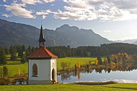 Chapel at a small lake in Autumn, Buching, Allgau, East Allgau, Bavaria, Germany, BRD, Europe,