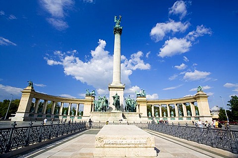 Heros Square with Millenium Memorial and the horseman Memorial from Prince Arpad, Budapest, Hungary, Southeast Europe, Europe,