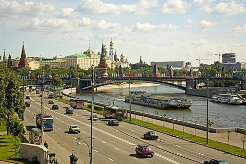 View from the Bridge over the Moscva to Down Town, the Kreml and the Government Buildings, Moscow, Russia, East Europe, Europe