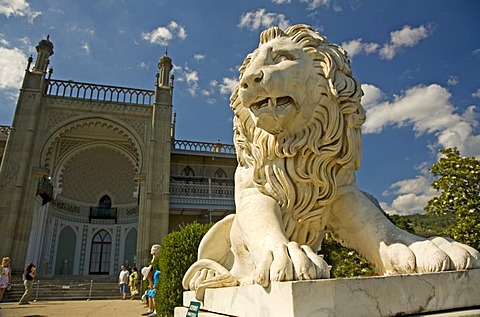 Lion in white Marble in front of Castle Voroncov, Jalta, Crimea, Ukraine, South-Easteurope, Europe,