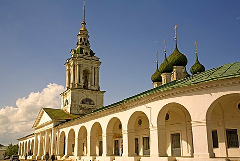 Historic shopping arcades with Church of Our Saviour and bell tower, Kostroma, Russia